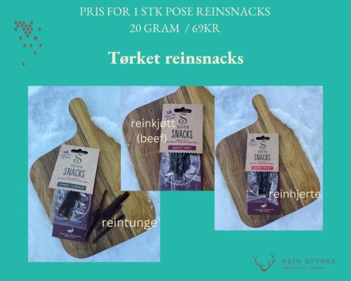 tre ulike reinsnacks av reintunge, reinhjerte og reinkjøtt